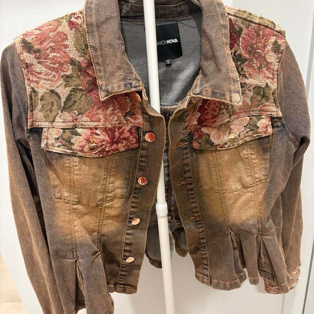 Brown floral tapestry denim jacket